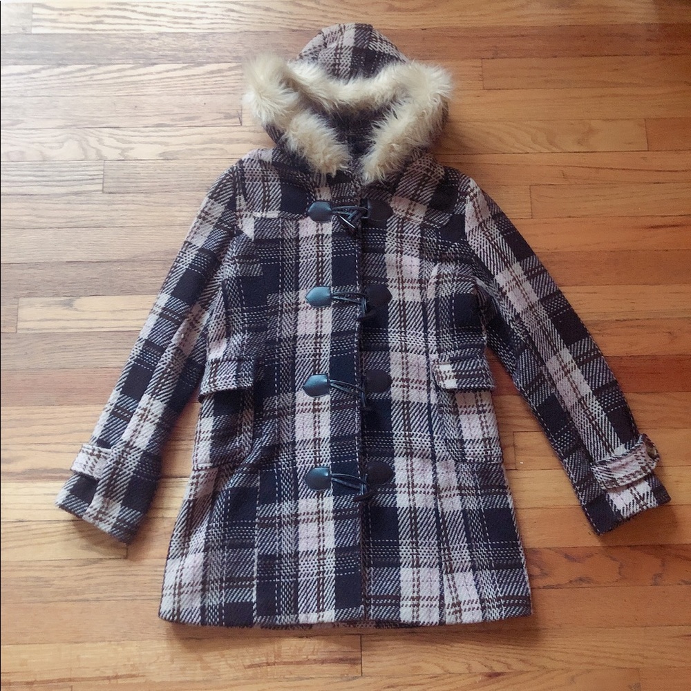 Gingham Cute Girly Trench Coat Faux Fur with Hood